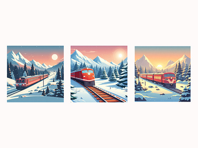 Winter scenes with red trains illustrations landscape train winter