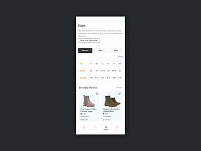 Shoes e-commerce App (sizing table) e commerce ios minimal mobile ui shoes sizing chart sizing table ui ux