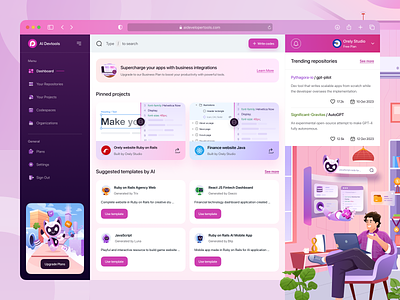 AI Developer Tool: Dashboard 🤖 ai buttons code dashboard desktop developer tool github illustration management orely pink project purple repositories saas dashboard ui ui design webapp website