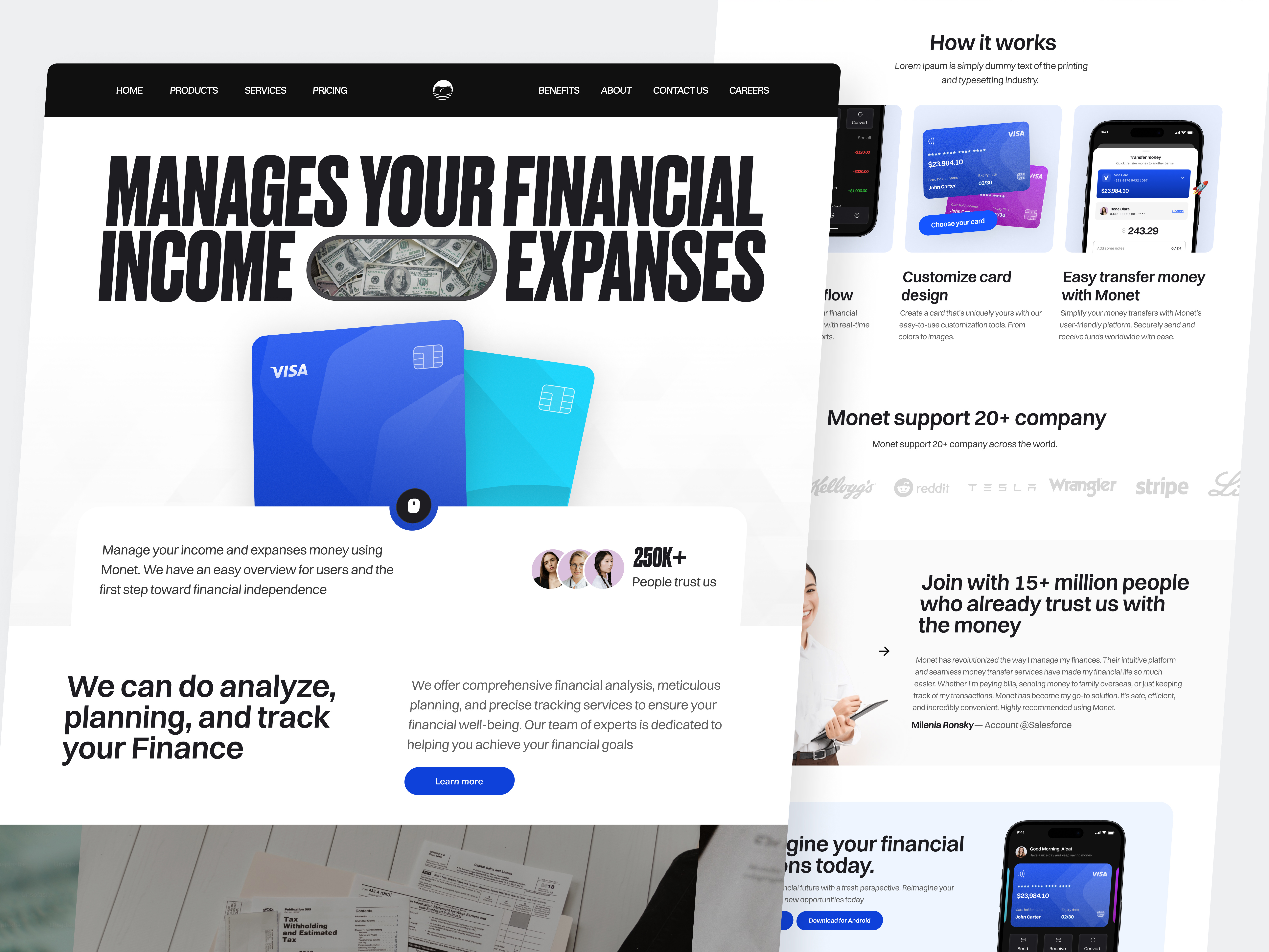 Monet - Digital Banking Landing Page balance convert rate credit card currency digital banking ebanking ewallet finance finance graph finance website financial management fintech investment landing page money management paypal transaction virtual bank wallet wise