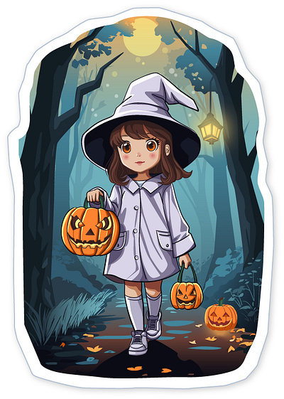 Walking Halloween Girl in the Night Forest cute halloween girl halloween girl halloween girl vector halloween sticker pumpkin girl vector sticker girl