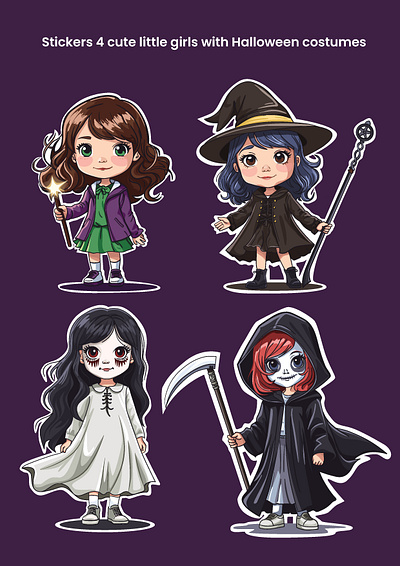 Cut Little Girls with Ghosty Costumes cute girl halloween cutes sticker ghosty girl vector girls sticker halloween girl vector halloween vector