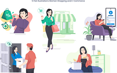 Flat Illustrations Women Shopping in Ecommerce online shop illustrations online shop woman shopping vector woman shop illustration woman shopping illustration woman shopping vector