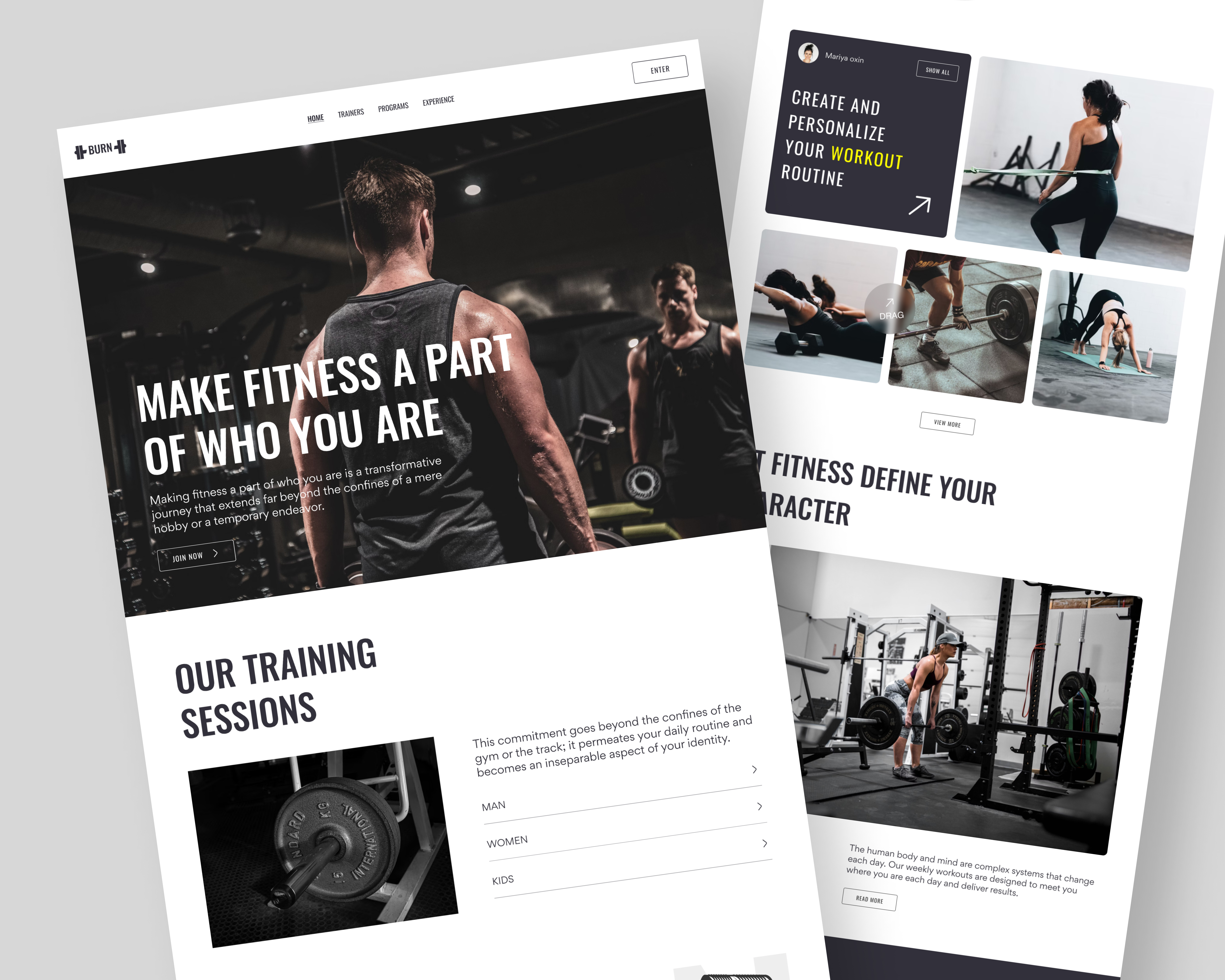 Burn - Gym and Fitness Website body builder clean fitness gym habit tracker health home page landing page minimal ui web design website wellness yoga