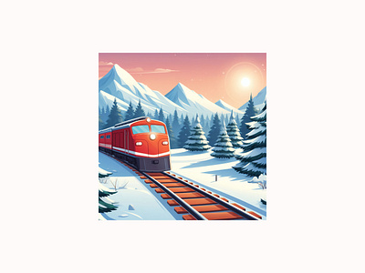 winter scene with a red train cartoon illustration landscape train