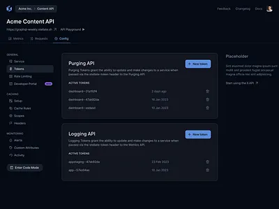 Settings / Config Page - Access Tokens (Dark Mode) blue dark dark mode dev tooling dev tools figma minimal product design saas sections settings side menu top nav ui web