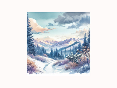 Winter landscape landscape style watercolor winter