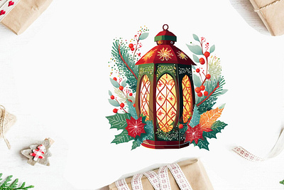 Watercolor Christmas Lantern Clipart digital santa claus clipart