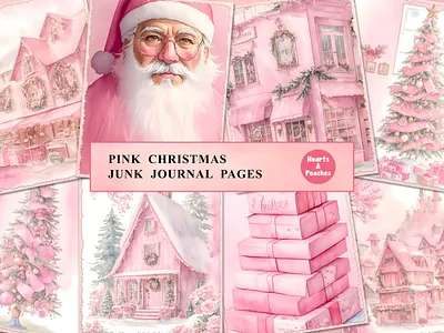 Pink Christmas Junk Journal Pages christmas christmas printable journal christmas printable pages christmas scrapbooking christmas tales christmas tree cute design digital art digital download graphic design illustration pink pink christmas santa santa claus junk journal pages watercolor winter winter holiday collage sheet xmas