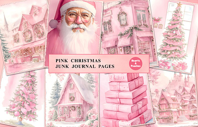 Pink Christmas Junk Journal Pages christmas christmas printable journal christmas printable pages christmas scrapbooking christmas tales christmas tree cute design digital art digital download graphic design illustration pink pink christmas santa santa claus junk journal pages watercolor winter winter holiday collage sheet xmas