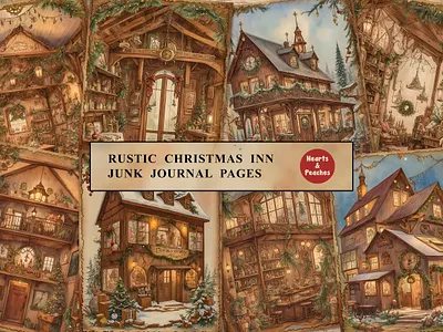 Rustic Christmas Inn Junk Journal Pages christmas christmas inn christmas junk journal pages christmas printable journal christmas printable pages christmas scrapbooking christmas tales christmas tree design digital art digital download graphic design holiday ephemera illustration retro christmas rustic santa claus junk journal pages vintage christmas ephemera watercolor winter holiday collage sheet