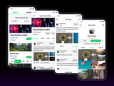 Social Media Group UI Design App chat ui design group chat ui design message ui design travel app travel ui design app