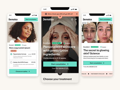 Dermatica - Mobile UI screens clean ecommerce mobile responsive skincare subscription ui ux video website