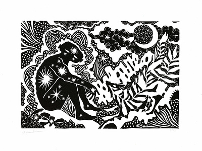 Absorbing the life from within animals art dog fairytale folk folk tale forest illustration lino linocut moon mysterious print printmaking psychedelic woodcut