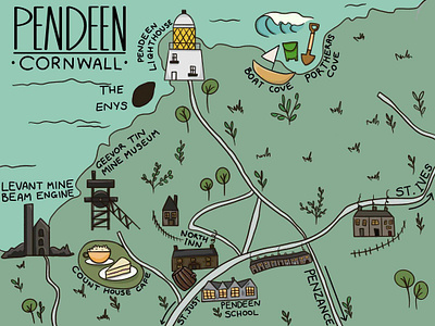 The Map of Pendeen, Cornwall 2d cornish cornish map cornwall graphic design illustrative map map building map illustration mines pendeen tourism tourists uk map