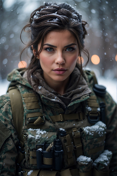 Realistic Portrait of a Muscular Soldier Girl in Cold Snowstorm design graphic design illustration inspiredcreativity visualmasterpiece