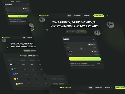 Stablecoin Swapping, Depositing, and Withdrawing Platform app blockchain clean crypto dark dark theme deposit design green neon swap ui ux web website