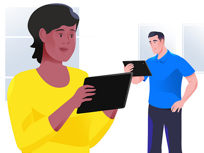 Characters Holding Tablet graphic design illustration