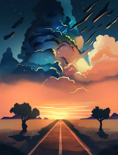 Dramatic sky over country road 2d clouds design graphic design highway illustration procreate sky storybook stylized sunset