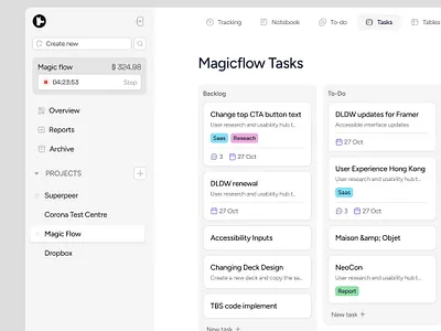 Tracky.so product work board dash dashboard kanban list sidebar task tasks timer timetrack tracking tracky