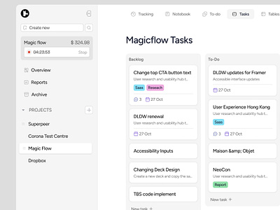 Tracky.so product work board dash dashboard kanban list sidebar task tasks timer timetrack tracking tracky