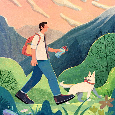 Walking animal boy character dog explore hiking illustration man outdoor people travel traveler uran walk walking