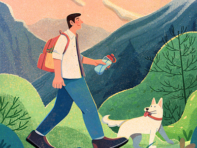 Walking animal boy character dog explore hiking illustration man outdoor people travel traveler uran walk walking