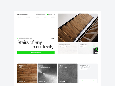 Landing Page for a Staircase Manufacturing Company clear design commercial landing commercial website design e commerce landing landing page manufacture website minimal minimal design minimalism tilda ui web design webdesigner website website design