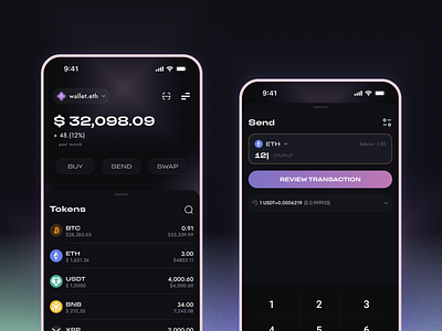 Mobile wallet - decentralized Finance (DeFi) Apps (crypto) app assets blockchain crypto dark dark theme deposit ethereum mobile purple settings swap ui ux wallet