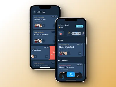 Social Gaming App UI UX Design | Fantasy Sports App bottom navigation bar cards ui dark mode dark theme fantasy sports figma game ui gamification homescreen illustration list ui mobile app ui nav bar ui swipe gesture ui ui design ui ux