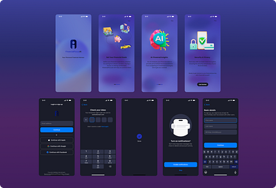 FinacialFocusAI Onboarding and Signup screens 3d app branding clean mobile design creative dark mode dark theme design figma fintech illustration login mobile app onboarding screen product design ui uiux design