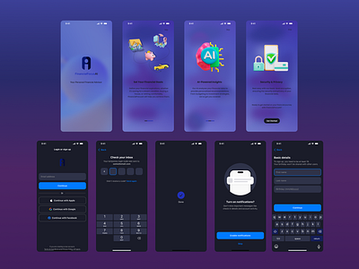 FinacialFocusAI Onboarding and Signup screens 3d app branding clean mobile design creative dark mode dark theme design figma fintech illustration login mobile app onboarding screen product design ui uiux design