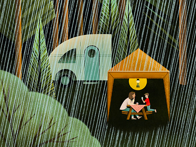 Rainy Day camper camping illustration people pine rain texture tree vector