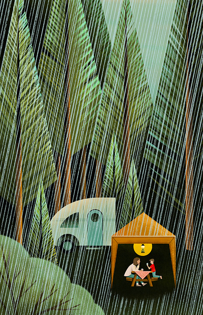 Rainy Day camper camping illustration people pine rain texture tree vector