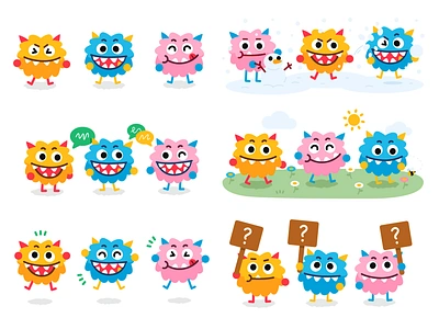 Fur Monsters doing things branding cartoon character children cute emoji emoticon flat funny happy icons illustration kawaii logo mascot monster monsters summer vector winter