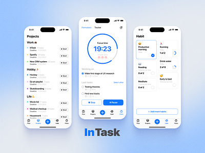 InTask | Task manager mobile app android app blue dashboard design hobby ios iphone manager mobile mobile app pomodoro projects task task management ticktick time management tracker ui ux