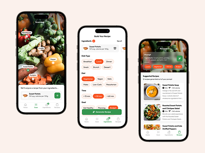 FlavorCraft - Smart Recipes Generator ar food app food ingredients mobile app product design recipe ai recipe generator recipes list smart culinary smart shopping ui