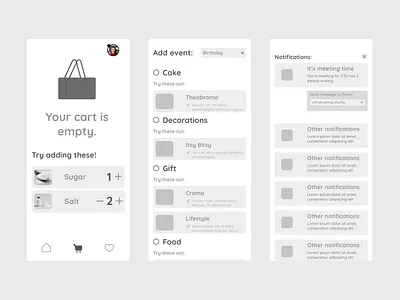 Wireframes for a Party Planner Application bag black cart do draft grey idea ingredients party planner rough text to ui white wireframe