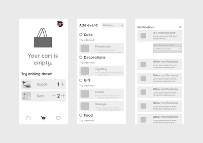 Wireframes for a Party Planner Application bag black cart do draft grey idea ingredients party planner rough text to ui white wireframe