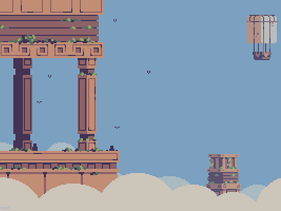 On cloud's edge 16bit 8bit airship ancient architecture chillart chillcolors cloudart clouds conceptart environment design fantasy fantasyart gameart illustration pixel art pixelart sky towers