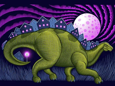 Suburban Stroll crosshatching dinosaur gig poster illustration illustrations prehistoric screen printing silkscreen stegosaurus suburbia suburbs surreal surrealism vector vector art woodcut