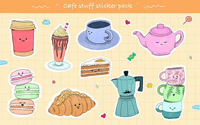 Cafe stuff - sticker pack art cafe character design graphic design illustration procreate sticker