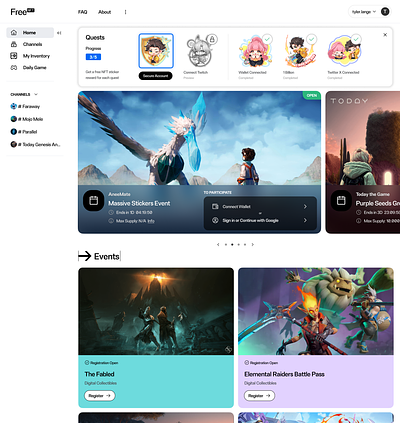 FreeNFT Homepage with Quests design ui ux web
