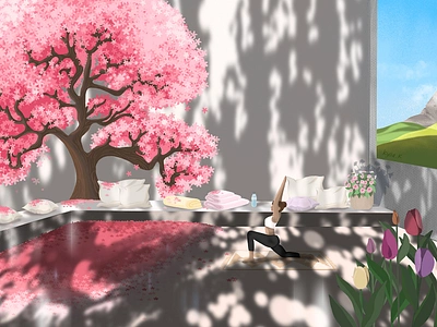 Yoga architecture branding cherry blossom digital painting editorial flower health illustration illustrator living magazine meditation nature peaceful procreate space yoga zen