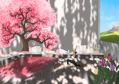 Yoga architecture branding cherry blossom digital painting editorial flower health illustration illustrator living magazine meditation nature peaceful procreate space yoga zen