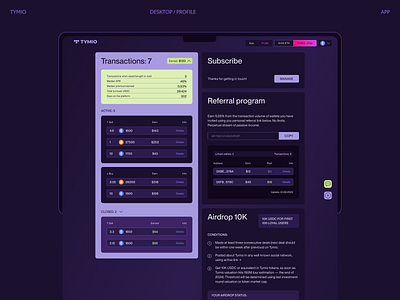 Tymio. UX/UI design app components crypto cryptocurrency finance layout profile ui user interface ux uxui web