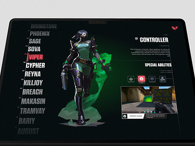 agent selection ui \ valorant 2023 2024 agent character game ui gaming gas green interface modern rpg ui valorant viper website