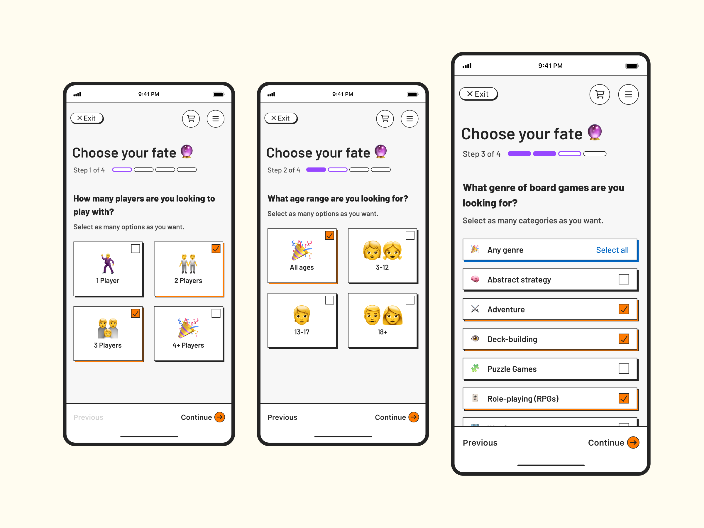 Find a Product | Board Game Shopping Mobile App 2023 trend app design board games choice colors design emojis flat flow mobile app neo brutalism neubrutalism product shopping typography ui ui design ux uxui
