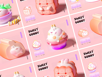Sweet Bunny 06 3d bread bunny c4d cute dessert food illustration lovely mascot pink rabbit zhang 张小哈