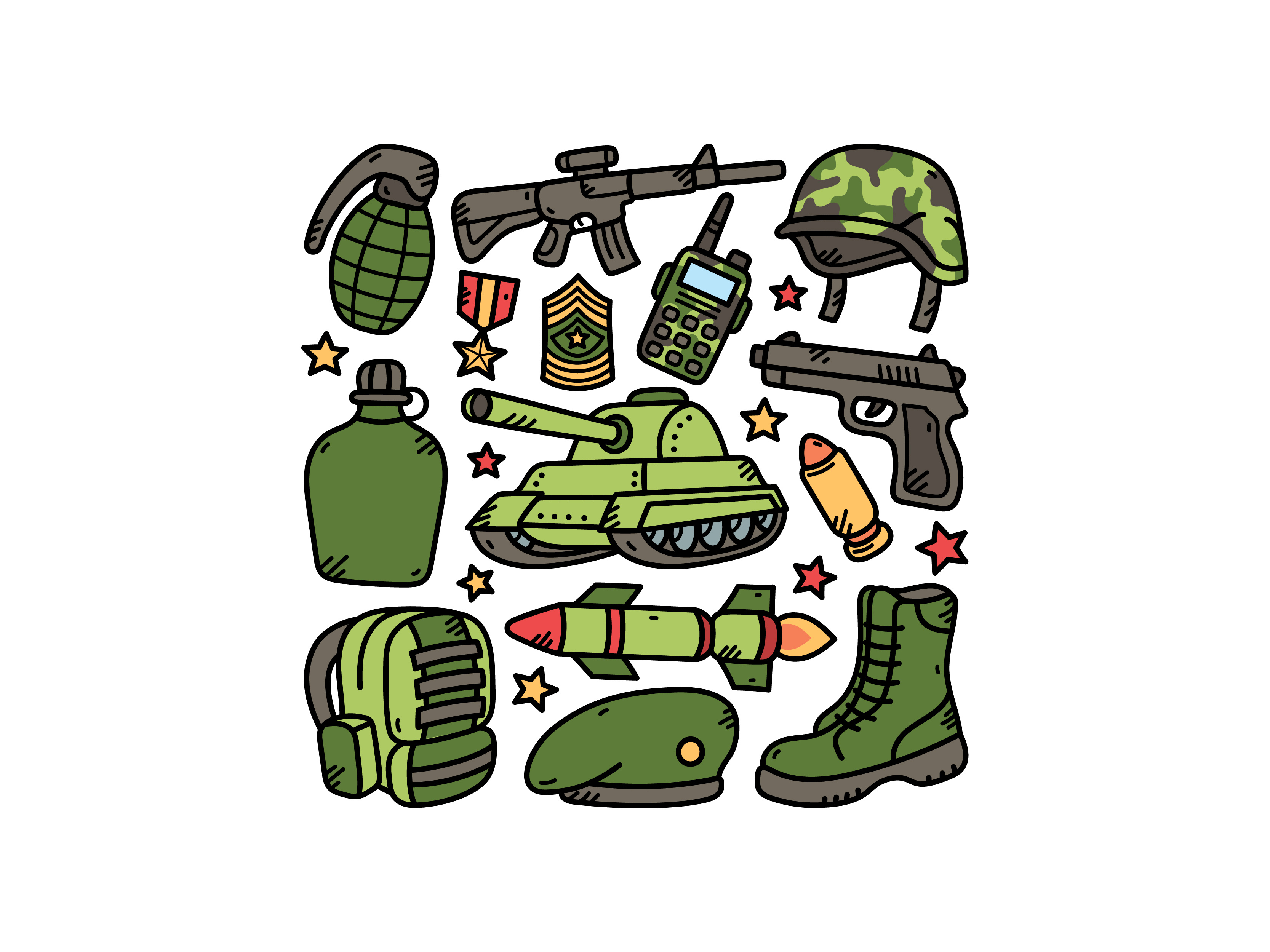 Military Doodle Set cute doodle granat hatmilitary icon illustration logo military vector walkietalkie